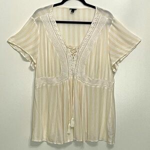 Torrid Babydoll Crinkle Gauze Crochet w/ Inset Lace-Up V-neck Striped Top; 1